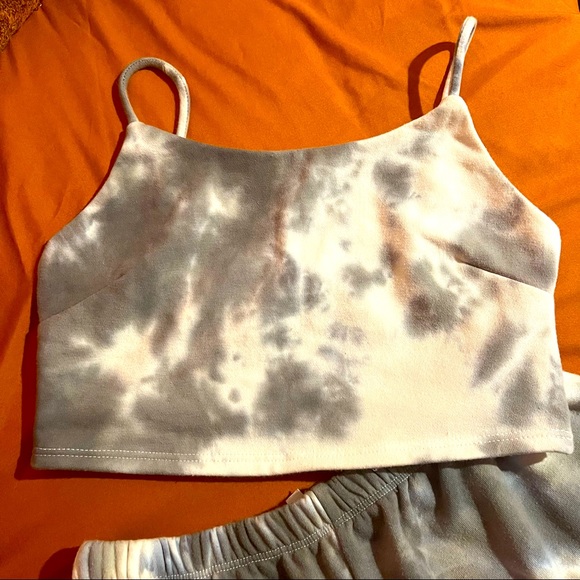 Two piece tie dye lounge set “Blue Jasmine”. Spaghetti strap crop top/shorts - Picture 3 of 9